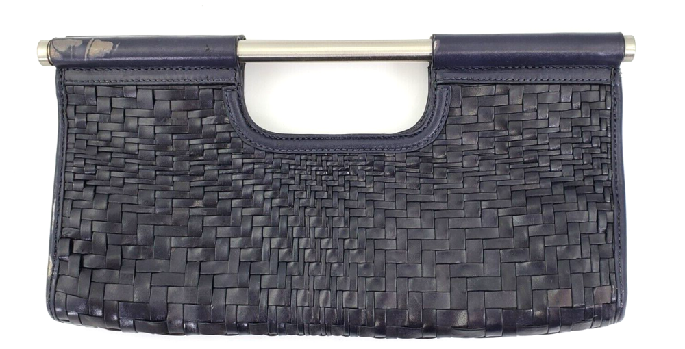 Cole Haan Genevieve Oversize Clutch Top Handle Woven Leather Blue Bag Used/Flaws